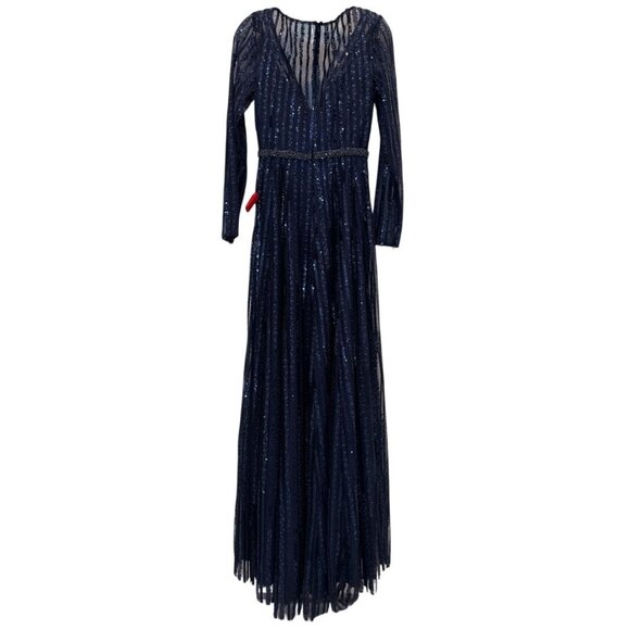 NWT Mac Duggal 11184 Plunging Striped Sequin Long Sleeve Gown in Midnight Size 2 - Picture 4 of 12